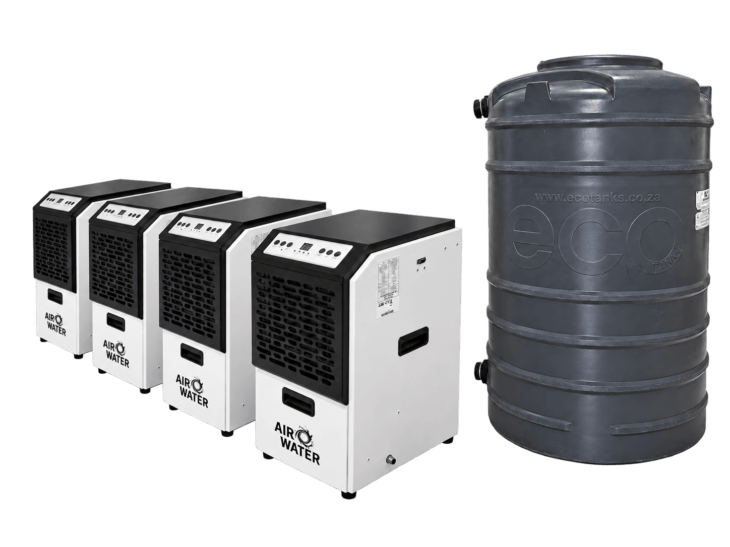 Four Air Water™ generators installed alongside a large water storage tank